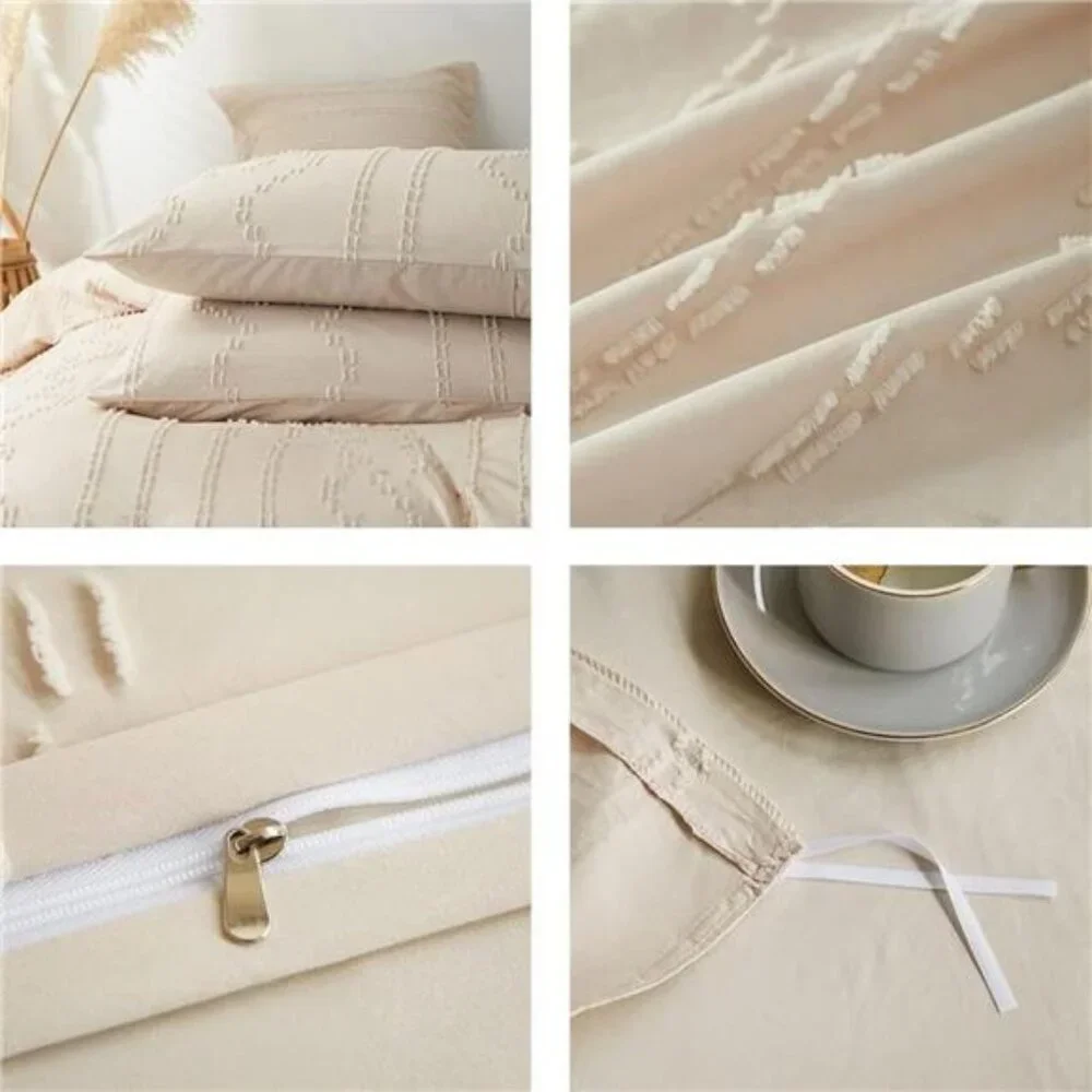 NEW Anthro Tassel Beige Boho Queen / King Fringe Bedding Duvet & Pillow Sham Set